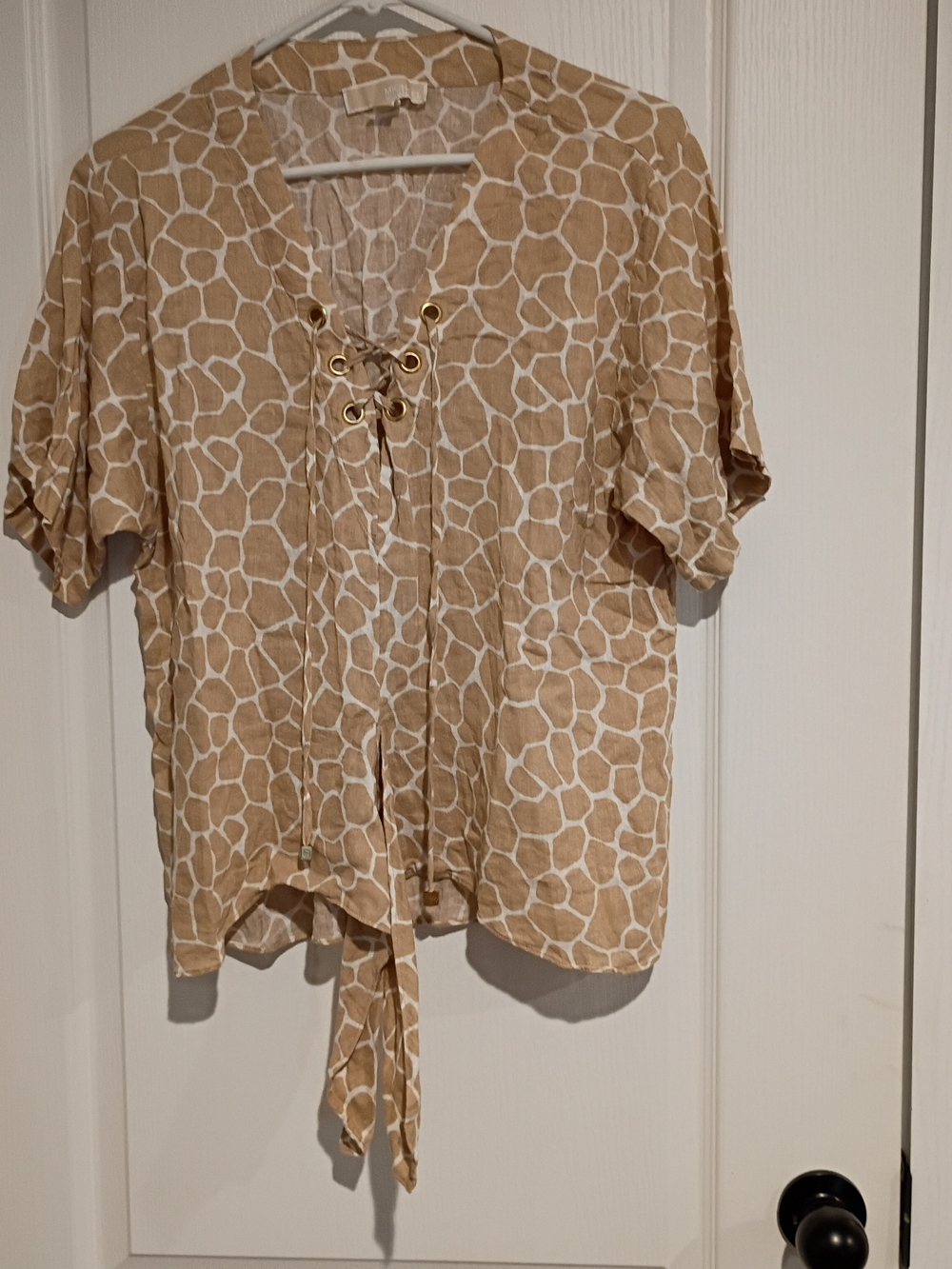 Micheal Michael Kors - Beige and White Giraffe-Print Lace-Up Womens Blouse - L